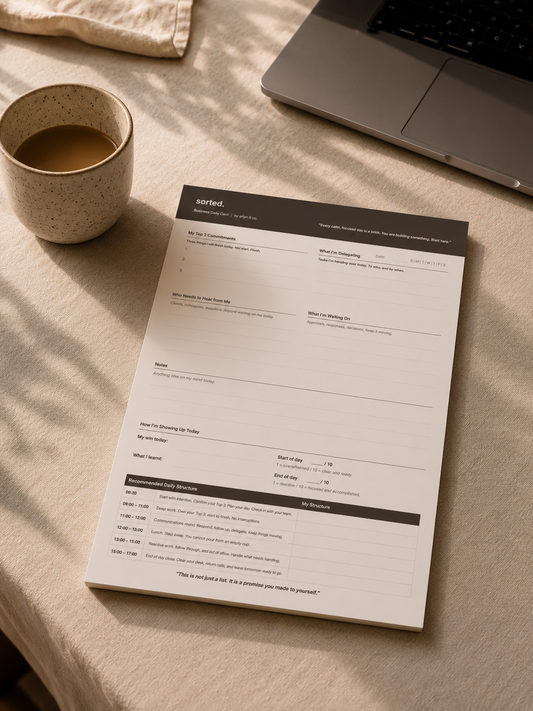 Angled desk scene featuring the Sorted. Business Daily Card in a warm neutral workspace with soft natural lighting.