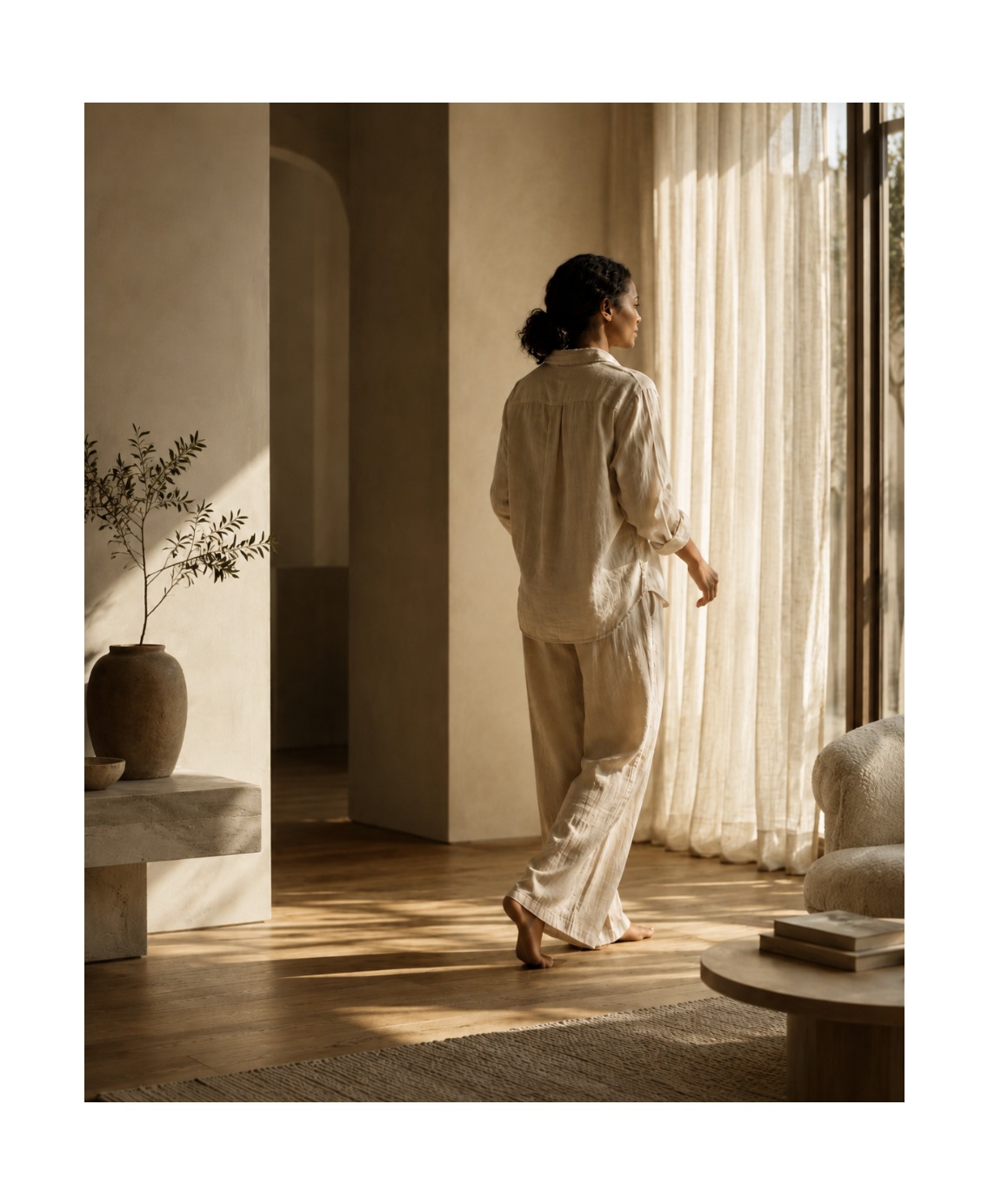 woman walking through a warm minimalist interior in soft morning light, styled in neutral linen within a calm architectural living space.