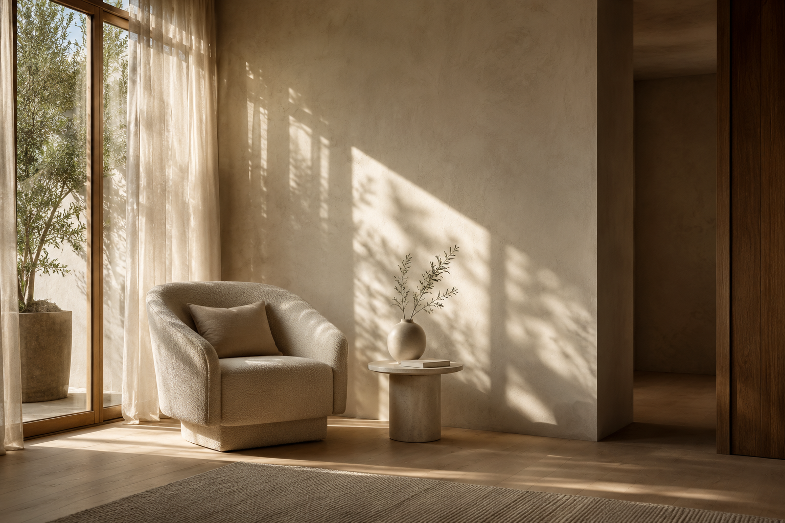 Beige armchair in a sunlit room with large windows and a vase on a small table.