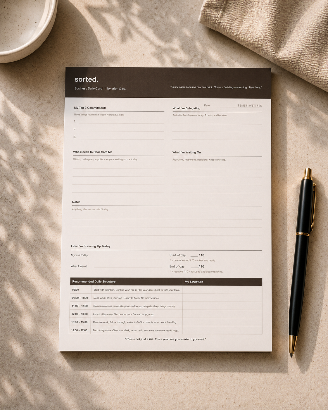 Sorted. Business Daily Card by arlyn and co. styled in a calm minimalist workspace with warm natural light.