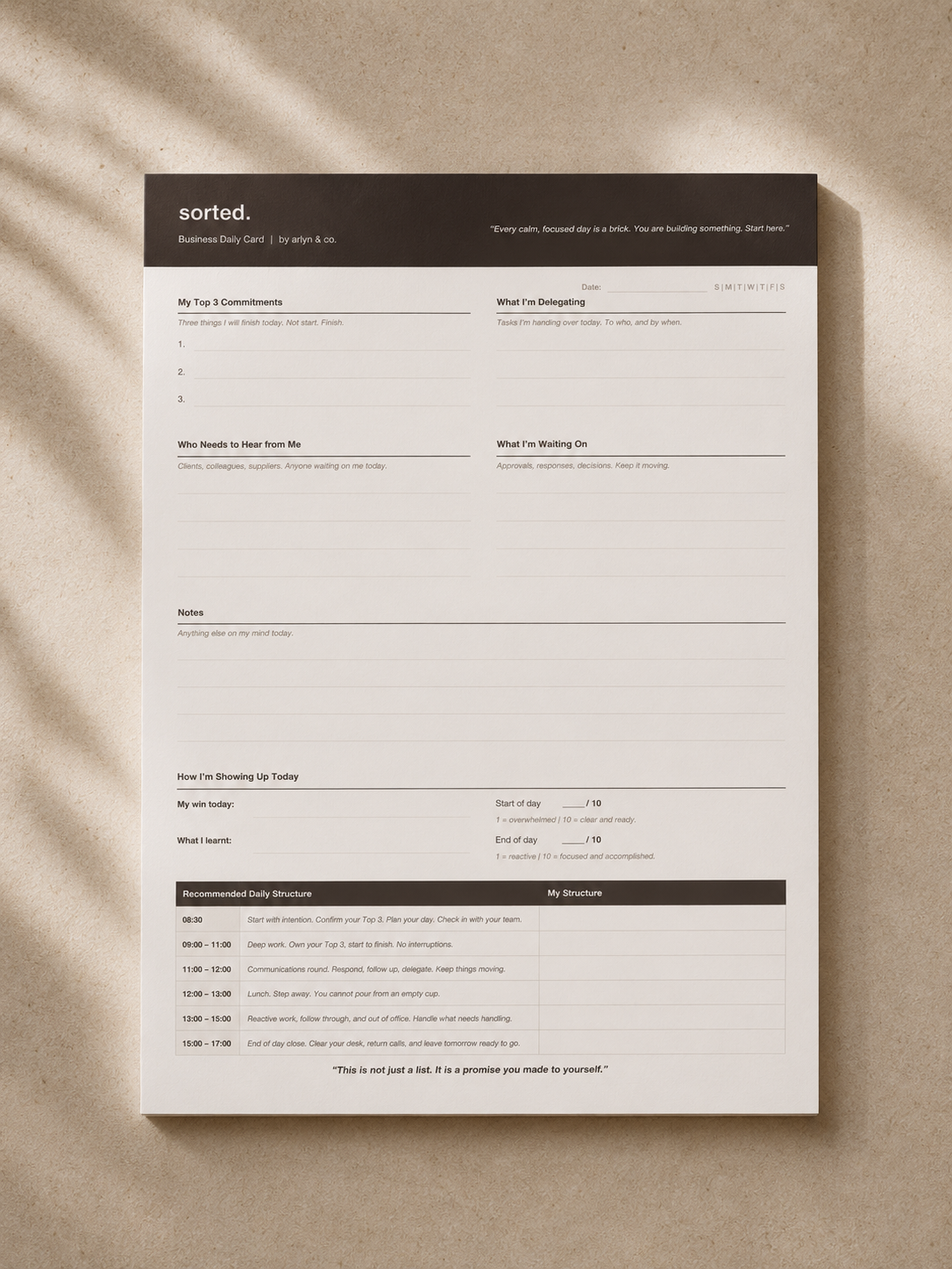 Top down flat lay of the Sorted. Business Daily Card showing the full structured layout and daily planning system.